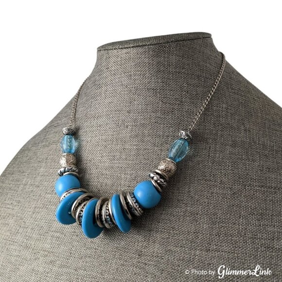 Blue & Silver Tone Slide Beads Statement Necklace - Picture 3 of 7